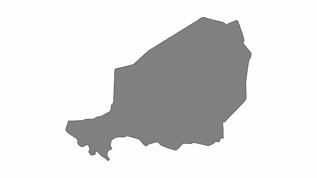 Niger map animation with black line drawing and smooth transition to solid fill on transparent background, symbolizing geography and modern design.