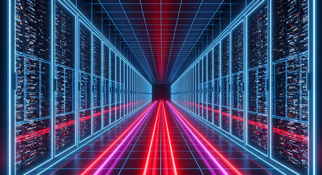Futuristic data center tunnel with glowing light trails - Powered by Adobe