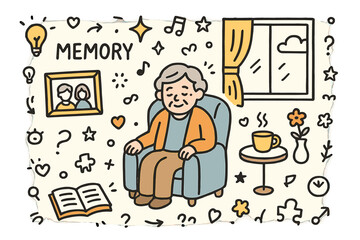 Memory Time Illustration. Memory Time. Hand-drawn doodle illustration elderly person (colored), photo frame (colored), book (colored), sparkle, star, chair,