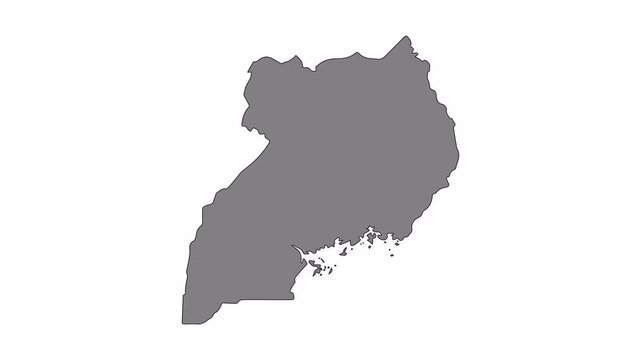 Uganda map animation with black line drawing and smooth transition to solid fill on transparent background, symbolizing geography and modern design.