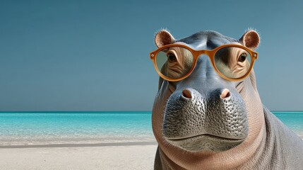 Hippo wearing stylish glasses, relaxing on a sandy beach with turquoise water in the background, showcasing a playful and humorous scene of wildlife enjoying a tropical environment