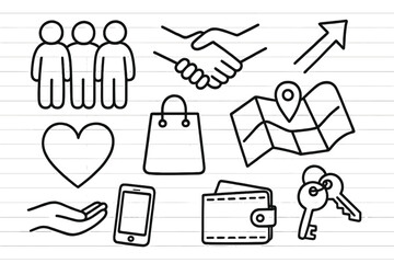 Community Icons Doodle. Community. Hand-drawn doodle illustration Community person handshake arrow map heart bag keys wallet phone helping hand. Simple