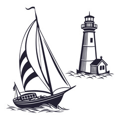 Vector art of sailboat and lighthouse