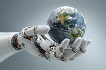 Android robot holding a globe in its hand on a blurred grey background. Concept of technology changing the world.