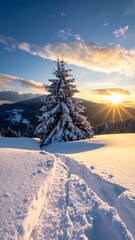 Snowy landscape with fir tree, sun rising over distant mountains