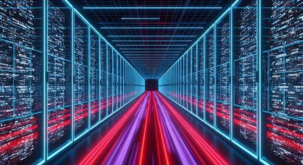 Futuristic data center tunnel with glowing light trails