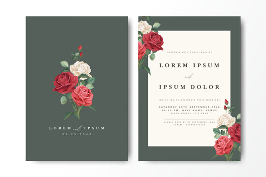 Elegant wedding invitation card design featuring vibrant red and white roses on a dark green background. Perfect for modern wedding and reception invitations with classic floral elements. - Powered by Adobe