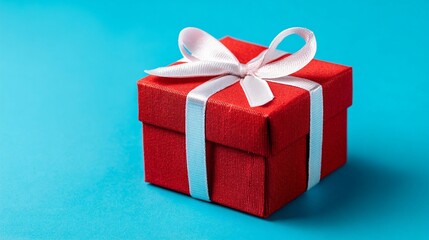 Elegant red gift box with white ribbon bow, perfectly centered on vibrant turquoise background, symbolizing celebration, surprise, and thoughtful giving