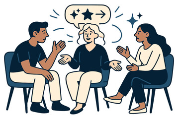 Therapist's Guiding Glow. Couples dialogue. Glowing therapist gently guiding conversation between two seated figures. Floating icons of sparkle, star, and