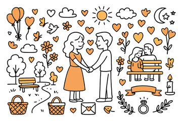Romantic Park Picnic. Romantic Couples. Hand-drawn doodle illustration Couple, holding hands, hearts, flowers, sun, moon, stars, clouds, bench, park, trees,