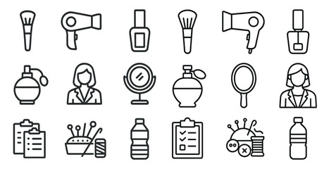 Beauty and fashion outline icons set – linear, filled, makeup and style symbols