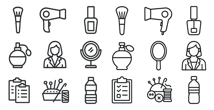 Beauty and fashion outline icons set – linear, filled, makeup and style symbols