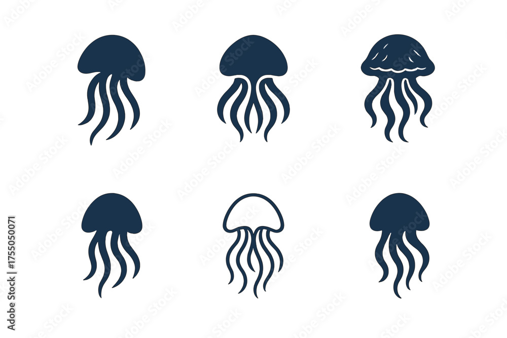 Wall mural jellyfish logo variations. jellyfish in motion. set logo of jellyfish in motion: abstract floating j