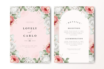 Elegant wedding invitation card design featuring soft pink and cream roses with green leaves, set against a pastel pink background. Clean and minimal text layout, perfect for weddings and VIP events.