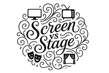Screen vs Stage Lettering. Flourish Lettering: "Screen vs Stage" ? elegant swashes and curls around medium-thick letters, circular layout with symmetrical