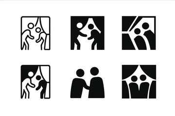 Obraz premium Performers Logo Variations. Performers Backstage. Set Logo of Performers Backstage: actors preparing behind curtain icon. harmonious logo variations of the