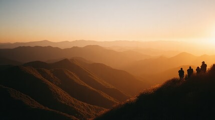 Fototapeta premium Silhouettes of hikers against stunning sunset over rolling mountains
