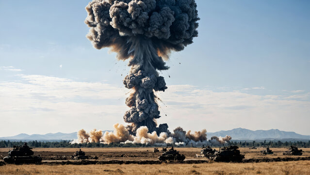 Military tanks observing powerful massive explosion, dramatic mushroom cloud in sky, smoke and debris battle landscape, intense scene, war destructive force, soldier operations, army, catasthrophe .   - Powered by Adobe