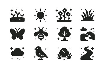 Naklejka premium Nature Icon Medley. Relaxing Nature. Solid icons set of Relaxing Nature: meadow, sun, flowers, grass, butterfly, bee, tree, hill, cloud, bird, rock, path.
