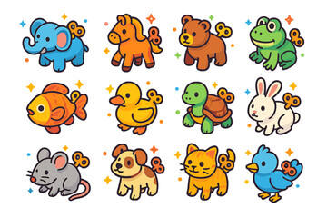 Obraz premium Wind-up Fantasy Animals. Fantasy Animals. Colorful isometric vector icons set of fantasy animals: wind-up elephant, wind-up horse, wind-up bear, wind-up frog,