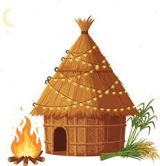 A traditional Bhela Ghar or thatched hut decorated with lights for an Indian harvest festival. A bonfire burns at night, celebrating Magh Bihu or Lohri.