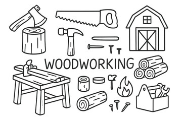Fototapeta premium Woodworking Essentials. Woodworking. Hand-drawn doodle illustration Woodworking axe saw hammer wood log barn firewood workbench nails toolbox. Simple