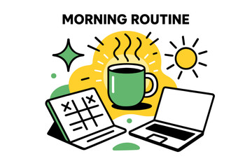 Energetic Morning Essentials. Morning Routine. A glowing coffee cup beside planner and laptop, abstract floating spark and sun icons symbolizing energy. Modern