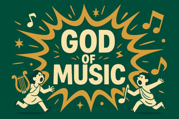 Musical Explosion Banner. God of Music banner, flat vector illustration, bold oversized text inside splash explosion, cartoon characters running and shouting,