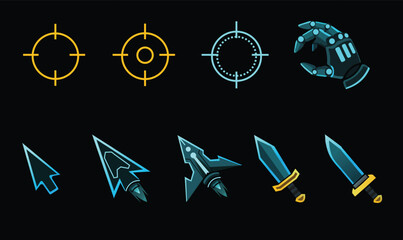 Futuristic gaming cursor and weapon icons set, sci fi mouse pointer, robotic hand, target aim crosshair, cyber sword vector design