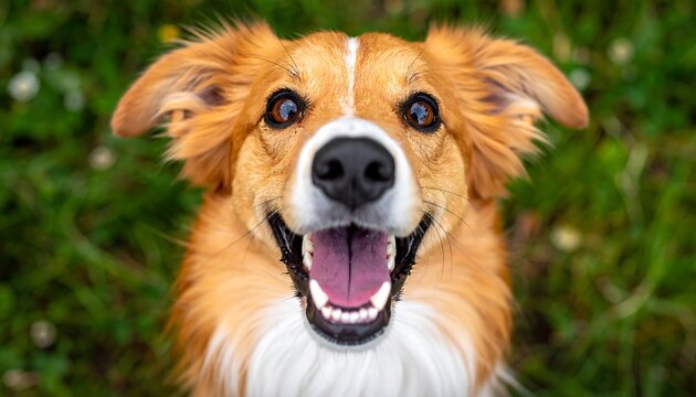 Smiling, golden-haired canine looking directly towards the viewer