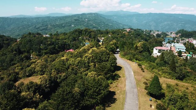 Aerial Drone Shot from Mirik Helipad , Mountain Scenery, and Surrounding Natural Landscape