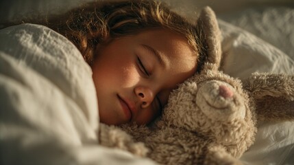 Cozy and peaceful scene of a child sleeping with a stuffed bunny, embodying innocence and tenderness. Perfect for family and parenting themes in stock photography.