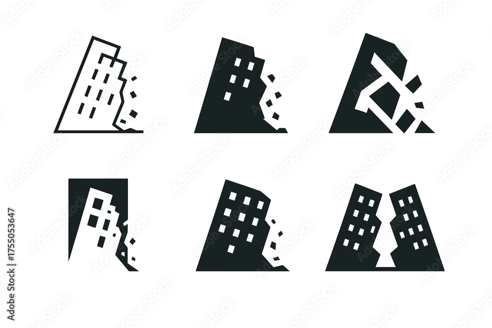 Wall mural building collapse logos. building collapse. set logo of building collapse: crumbling structure silho