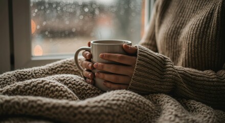 Concept of self-care, comfort, and hygge at home during cold weather or a rainy day.