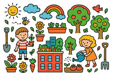 Fototapeta premium Rooftop Garden Adventure. Urban Gardening. Colorful Hand-drawn doodle Children illustration rooftop garden, pots, watering cans, plants, flowers, trees, sun,