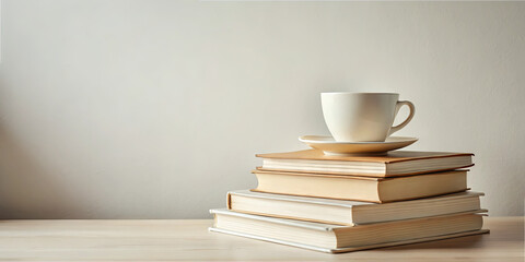 A stack of books rests on a wooden table, with a white cup and saucer placed on top. Soft natural light enhances a warm, inviting study space perfect for relaxation