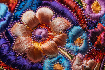 Close-up of colorful handmade textile embroidery