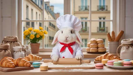 Adorable rabbit chef baking pastries in a charming French kitchen.