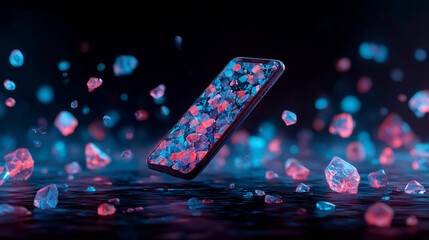 A hyperrealistic broken smartphone floats with glowing shards orbiting around it, highlighting fractured glass, digital glow, and dynamic energy in a dramatic scene.
