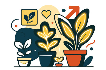 Vibrant Plant Harmony. Plant arrangement. Glowing potted plants of varied shapes and sizes, abstract floating icons representing growth and harmony, soft
