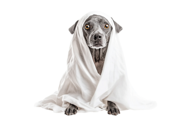 Adorable dog dressed as a ghost in a white sheet with cut out eyes for spooky festive fun isolated on transparent background PNG
