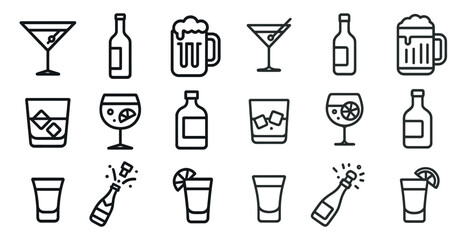 Cocktail and beverage outline icons set – drinks, bar, party essentials