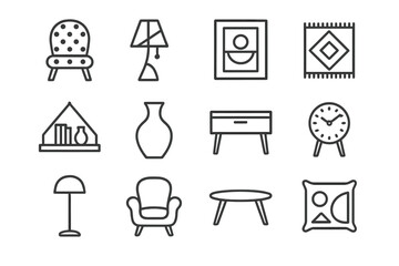 Eclectic Retro Icon Set. Eclectic retro style. Line icon set of Eclectic retro style: patterned chair, colorful lamp, wall art, rug, hanging shelf, vase,