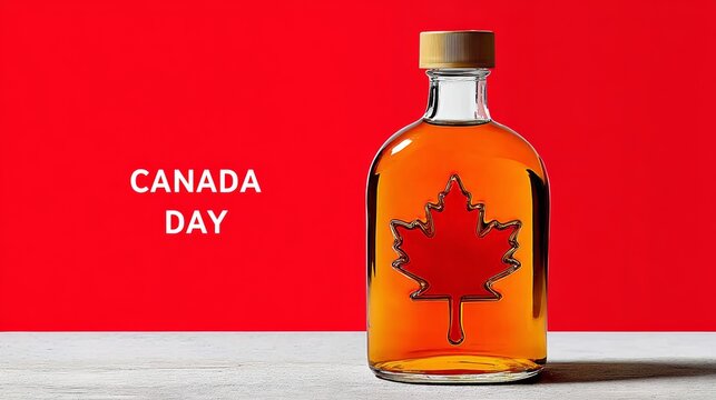 Glass bottle of maple syrup with a maple leaf design, set against a vibrant red background, symbolizing national pride and celebration, perfect for Canada Day festivities and culinary traditions