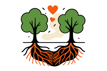 Intertwined Tree Roots. Root connection. Two trees side by side with their glowing roots intertwining underground, abstract heart shapes floating above