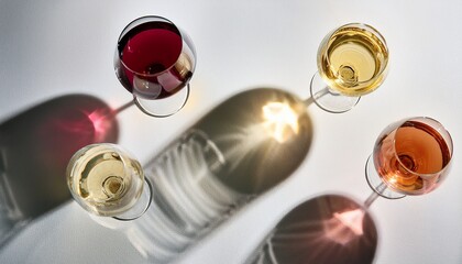 Drink Alcohol And Glassware Concept Different Wine Glasses Dropping Shadows On White Surface