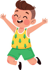 Happy cartoon child jumping with joy, wearing tree-patterned clothes, energetic pose, cheerful expression, playful mood, isolated on white background.