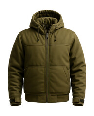 Naklejka premium Olive green insulated work jacket with adjustable cuffs and hood.