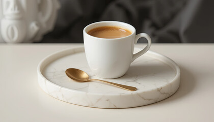 Fototapeta premium A white coffee cup filled with steaming coffee sits on a smooth marble tray. A golden spoon rests next to the cup, creating an elegant setup perfect for a cozy moment
