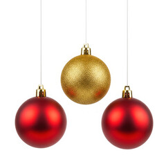 Three hanging christmas ornaments, isolated on transparent background